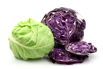 Freshly cut red and white cabbage on a white background