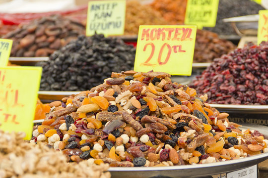 dried fruit and nuts on market