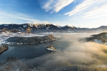 Panoramic view of Bled Lake, Slovenia, Europe.