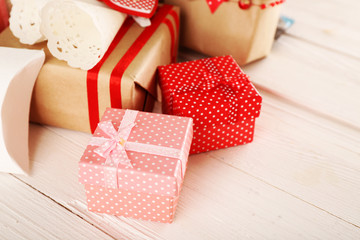 Beautiful gift boxes close-up. Valentine Day concept