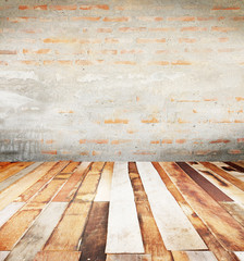 Brick wall background and concrete coat, Plank wood floor