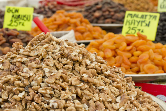 walnuts and dried fruit on market