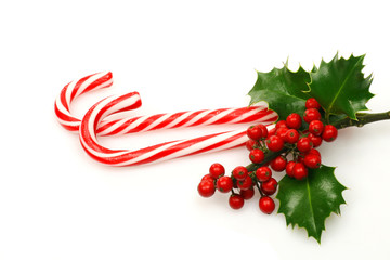 christmas candy canes with a branch of holly