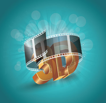 3D word in golden glass with cinema roll