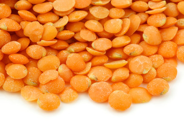 red lentils on a white background