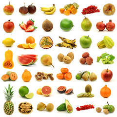 collection of fresh and colorful fruits and nuts isolated on whi