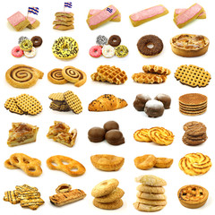 collection of freshly baked cake,waffles and buns