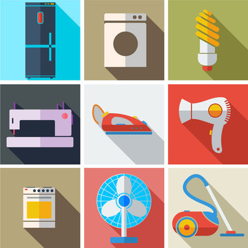Collection modern flat icons household appliances with long shad