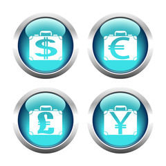 Obraz premium Set of colored buttons for web, suitcases with currency.