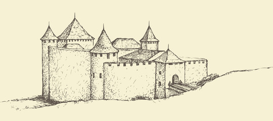 Khotyn Fortress, Ukraine. Vector sketch
