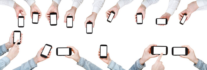 set of businessman hands with mobile phones
