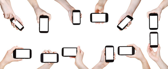 set of hands with mobile phones isolated