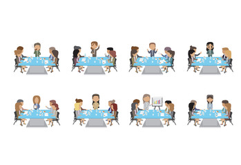Business People Having Board Meeting Set - Isolated On White Background - Vector Illustration, Graphic Design Editable For Your Design. Team Working In Office