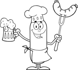Black And White Happy Chef Sausage Cartoon Character