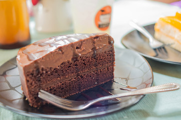 Chocolate cake on  dish