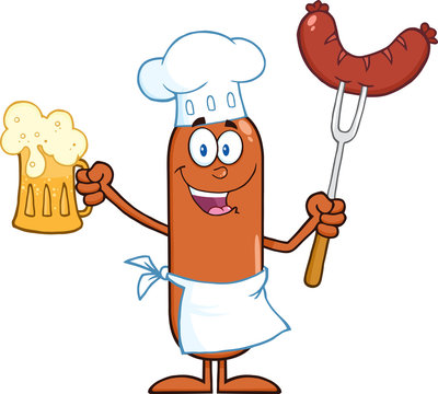 cartoon sausage chef holding beer and sausage clip art preview