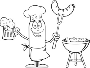 Black And White Happy Chef Sausage Character Holding A Beer
