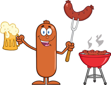 Happy Sausage Character Holding A Beer And Weenie Next To BBQ
