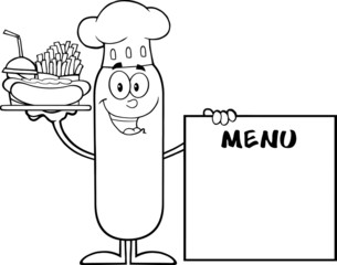 Black And White Chef Sausage Carrying A Hot Dog