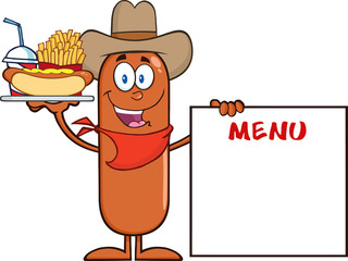 Cowboy Sausage Carrying A Hot Dog, French Fries And Cola
