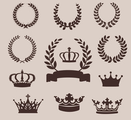 Set of laurel wreaths and crowns. Vintage emblem
