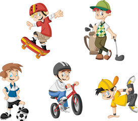 Group of cartoon boys playing various sports