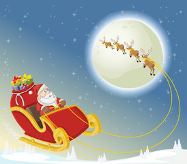 Santa Claus on sleigh with reindeer flying on christmas night