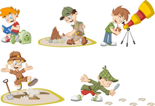 Group of cartoon explorer boys wearing different costumes