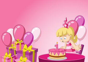 Cartoon blonde girl having fun at birthday party