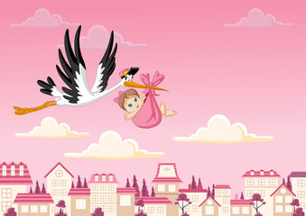 Cartoon stork delivering a newborn baby girl © denis_pc
