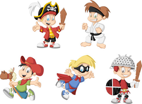 Group of cartoon boys wearing different costumes