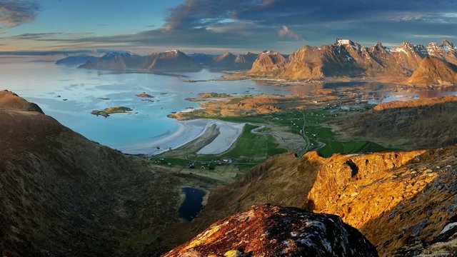 Norway motion Landscape panorama with oceen, Lofoten
