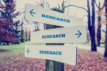 Rural signboard with the word Research with arrows pointing in t