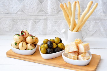 Antipasto, egg, olives, chesse, parma various appetizer food