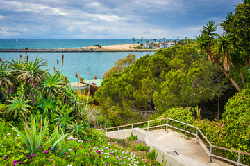 Flowers and staircase to the beach in Corona del Mar, California