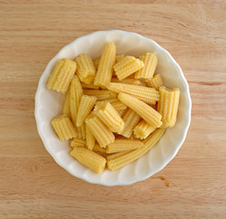 Corn nuggets in white bowl on wood table
