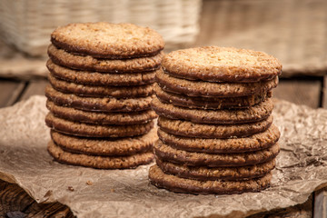 Oatmeal cookies in chocolate sauce.