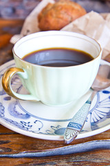 a cup of coffee on wooden table