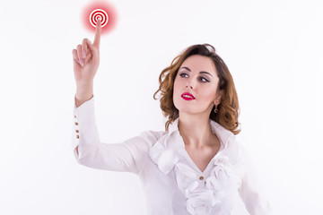  woman touching her finger on virtual button