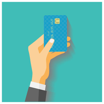 Flat design style illustration. Hand hold credit card to pay. Ve