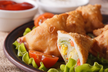 samosa stuffed with vegetables macro. Horizontal