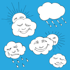 Cute doodle of sky elements: sun, clouds. Vector illustration