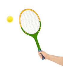 Hand with tennis racket and ball