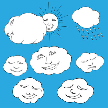 Cute doodle of sky elements: sun, clouds. Vector illustration