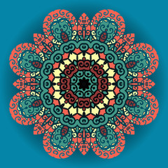 Green and red mandala ornament over azure background