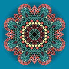 Green and red mandala ornament over azure background