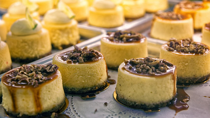 Cheesecake with nuts  on the bakery storefront