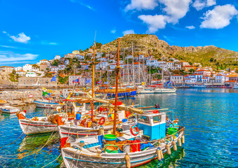fishing boats in the port of Hydra island in Greece. HDR