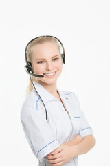 Woman customer service worker, call center smiling operator