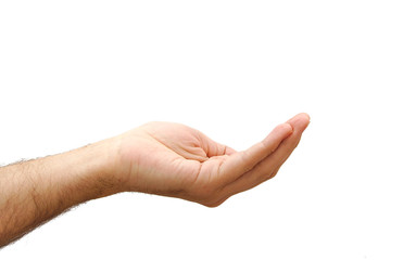 Man hand prepared to hold anything. Gesture isolated on white